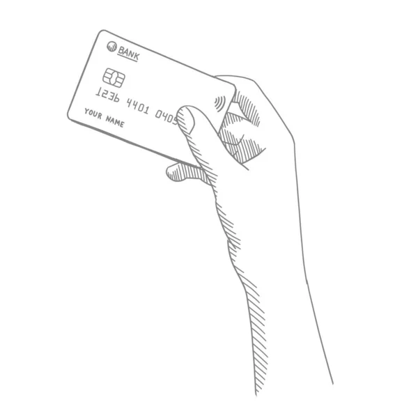 Kredi kartı bir kızın elinde. El çizimi. Kadın, banka kartını tutuyor. Beyaz arka planda. Resmini çizdim. Gri kalem çizgisi. Vektör. — Stok Vektör