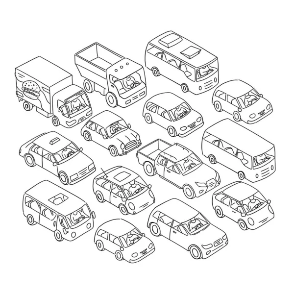 Auto pronte. Schizzo a mano libera. Blocco stradale sulla strada. Autobus e camion. Stile linea e contorno. Illustrazione isometrica vettoriale . — Vettoriale Stock