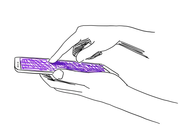 Les mains qui tapent au téléphone. SMS pour smartphone via les réseaux sociaux. Travaillez sur mobile. Croquis dessiné à la main. Sur fond blanc. Vecteur. Vue latérale . — Image vectorielle