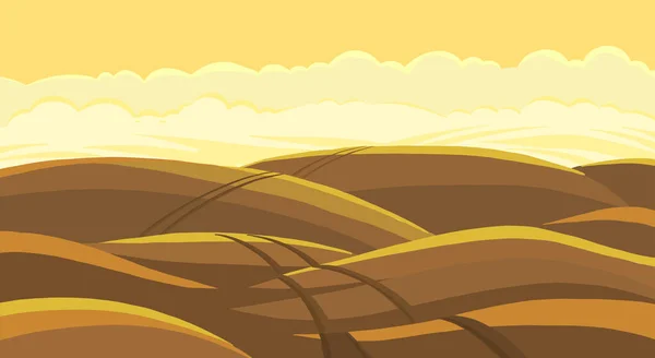 Paisaje de campo cultivable. Labranza fluida. Tierra marrón. Tierra de primavera. Camino de pista de campo de polvo. Copiar espacio. Ilustración vectorial . — Vector de stock