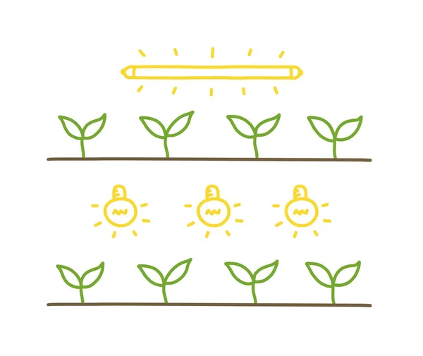 Plántulas de crecimiento ligero. Cultivando plántulas. Los brotes de plantas. Ilustración dibujada a mano vectorial . — Archivo Imágenes Vectoriales
