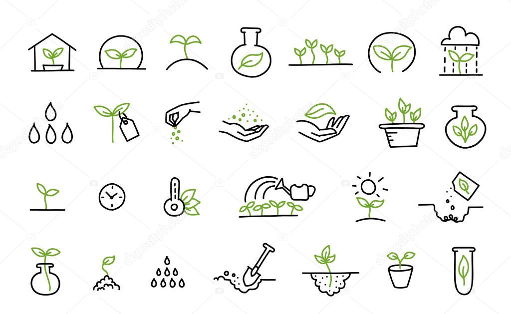 Set of growing seedlings icons. Plant shoots. Agriculture technology. Vector line hand-drawn sketch.