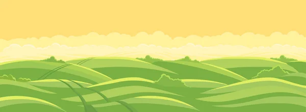 Green field landscape. Field track road. Spring grass. Agricultural farming acreage. Vector background. — Stock Vector