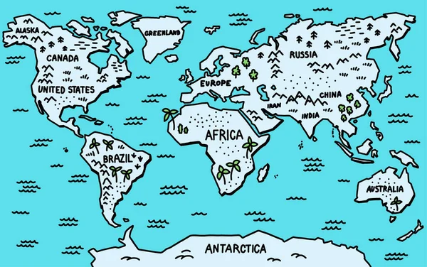 Синий векторный набросок карты мира. Деревья и горы. Карта мультфильмов о детях. Ручная иллюстрация . — стоковый вектор
