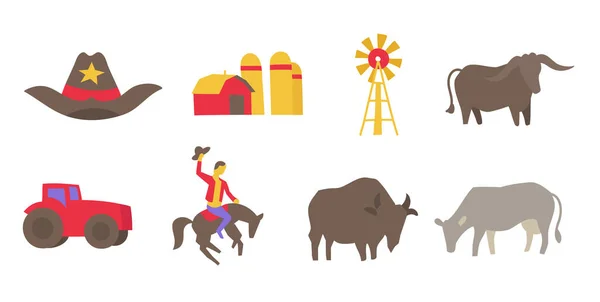 USA Ranch pictogrammen ingesteld. Landbouwbedrijf. Een cowboy. Amerikaanse bizon en een koe. Landbouw in Amerika. Vlakke vector. — Stockvector