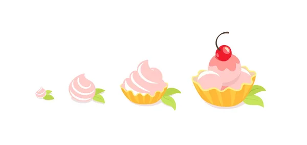 Cakes sizes. Dessert reward. Pastry fancy cake with a cherry. Development stage. Animation progression. Vector Isometric infographic illustration. — Stock Vector