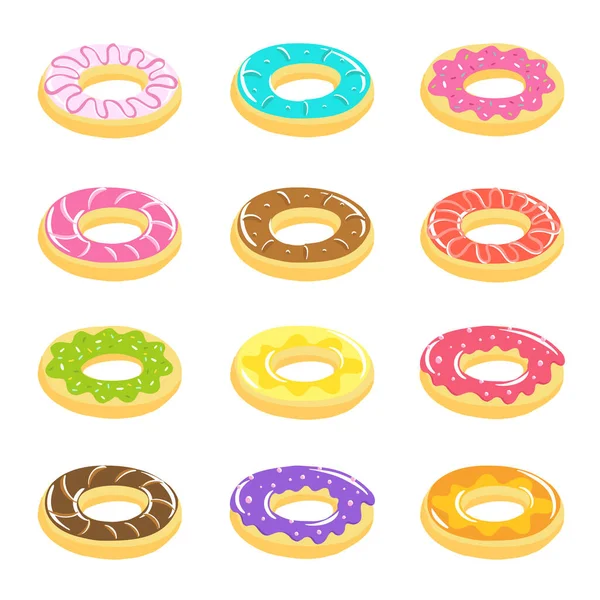 Ensemble de donuts. Toutes sortes de beignets. Crème multicolore. Délicieux dessert. Illustration vectorielle. Vue isométrique . — Image vectorielle