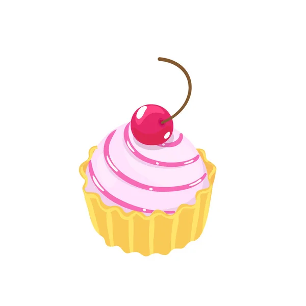 Cake with a cherry. Tasty pink cream. Sweet dessert. Nice and bright. Vector Isometric illustration. — Stock Vector