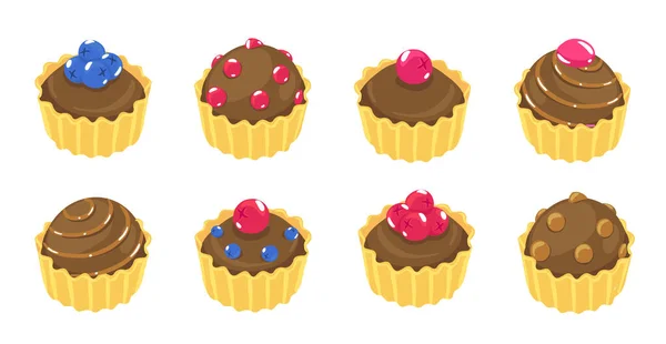 Fancy cupcake chocolate set. Different types cakes. Dessert muffin cake. Vector illustration. Isometric view. — Stock Vector