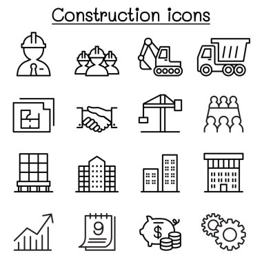 İnce çizgi stilinde inşaat Icon set