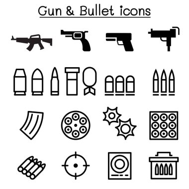 İnce çizgi stili vektör çizim grafik tasarım silah ve mermi Icon set