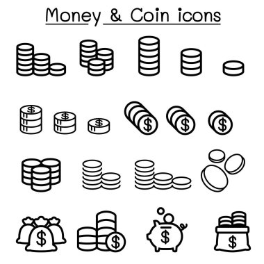 İnce çizgi stili vektör çizim grafik tasarım madeni para ve para Icon set