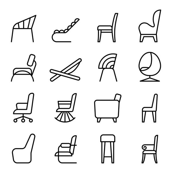 Chair icon set in side view thin line style