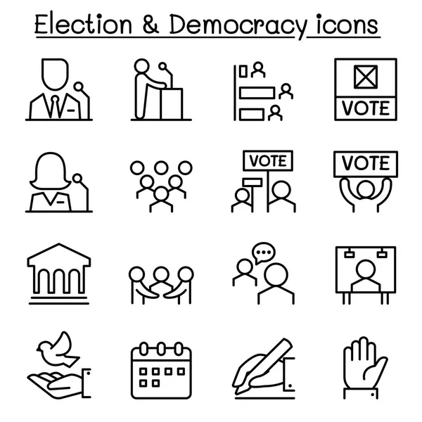 Sada voleb & demokracie ikon ve stylu tenké čáry vektorové ilustrace grafický design — Stockový vektor
