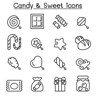 İnce çizgi stili içinde şeker ve tatlı Icon set