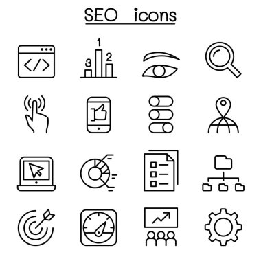 İnce çizgi stilinde SEO ve optimizasyon Icon set