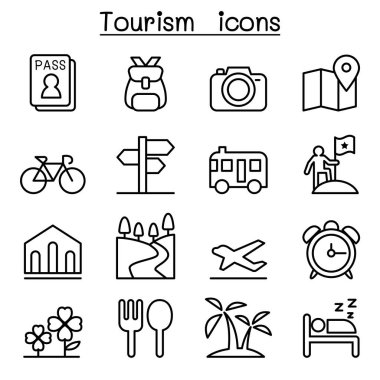 İnce çizgi stilinde turizm Icon set