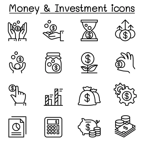 Ícone de dinheiro e investimento definido em estilo de linha fina — Vetor de Stock