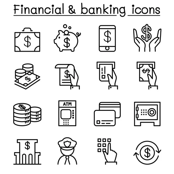Ícone financeiro e bancário definido em estilo de linha fina — Vetor de Stock