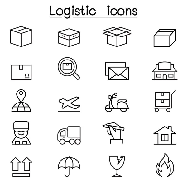 Iconos de envío, logística y entrega establecidos en estilo de línea delgada — Vector de stock