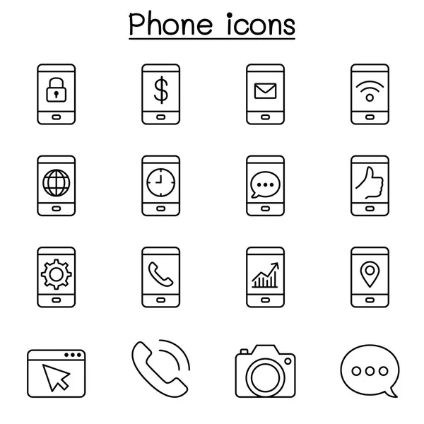 Icono de teléfono inteligente y aplicación básica establecido en estilo de línea delgada — Vector de stock