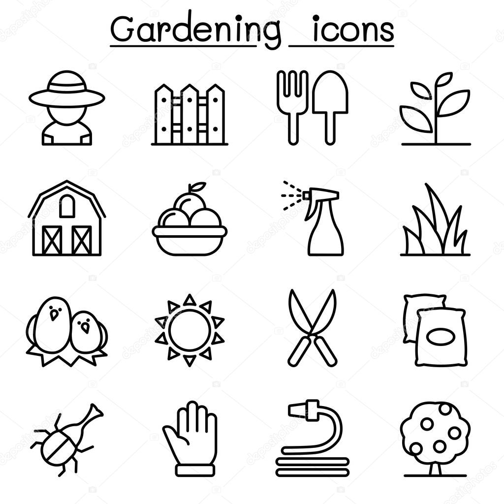 Gardening icon set in thin line style
