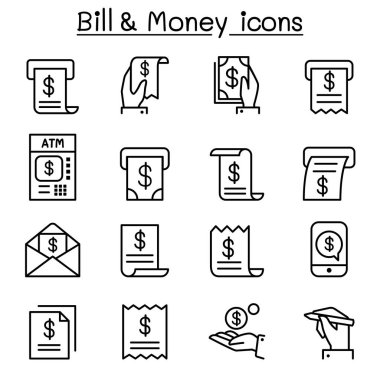 İnce çizgi stilinde Bill ve para Icon set