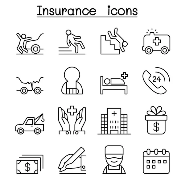 Icono de seguro establecido en estilo de línea delgada — Archivo Imágenes Vectoriales