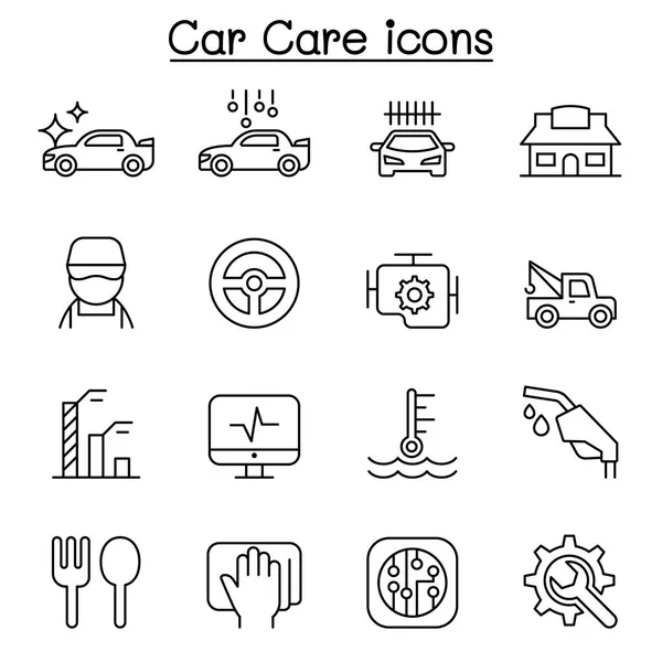 Lavagem de carro, ícone de cuidado de carro definido em estilo de linha fina — Vetor de Stock