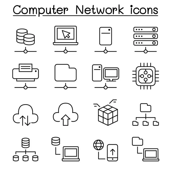 Піктограма хостингу комп'ютерних мереж та серверів, встановлена у стилі тонкої лінії — стоковий вектор