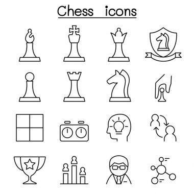 İnce çizgi stilinde satranç Icon set