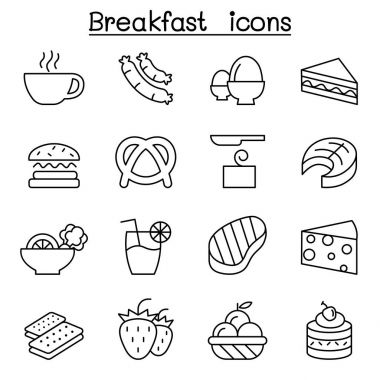 İnce çizgi tarzı kahvaltı Icon set