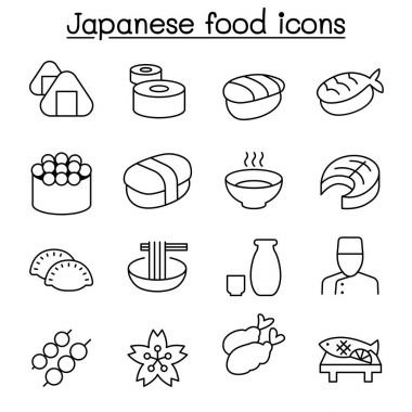 İnce çizgi stilinde Japon yemekleri Icon set