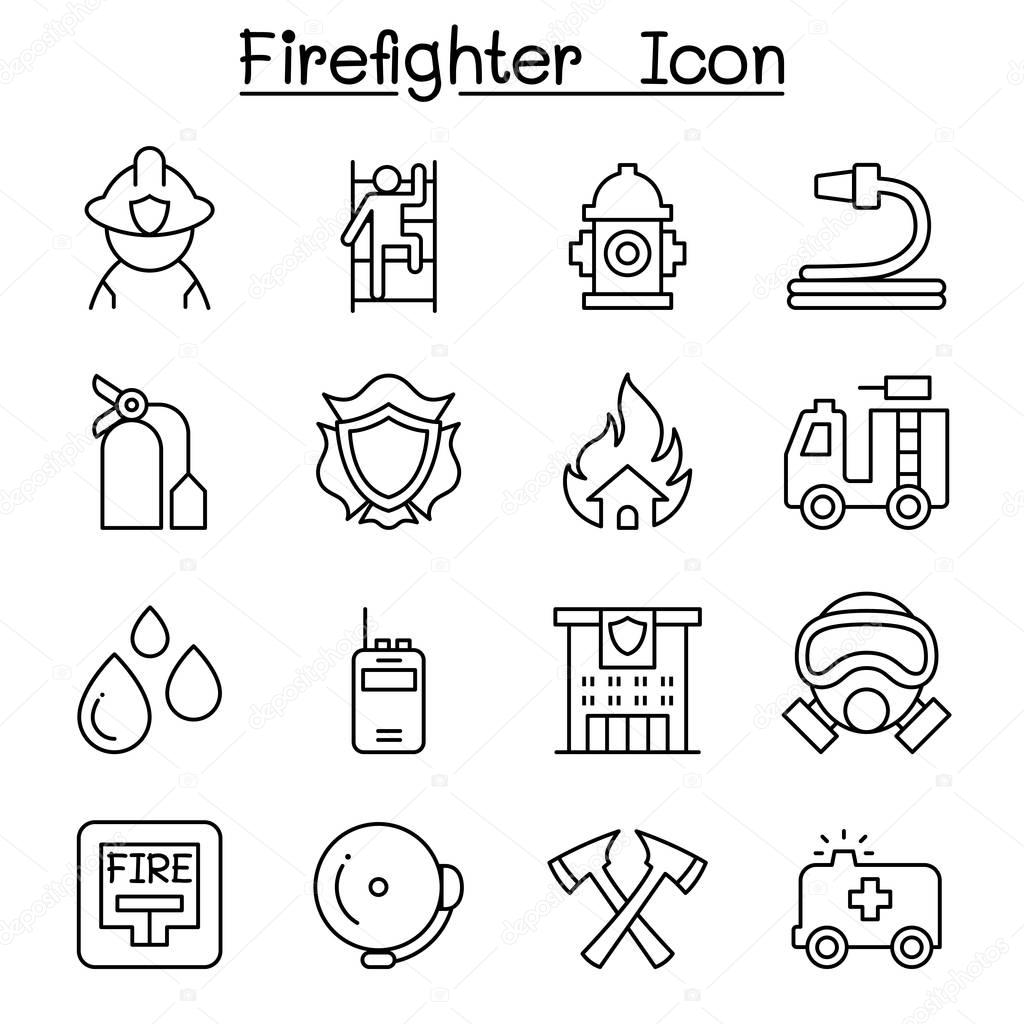 Fireman, Fire Fighter, Fire Station icon set in thin line