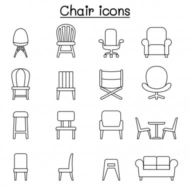 İnce çizgi stilinde sandalye ve mobilya Icon set