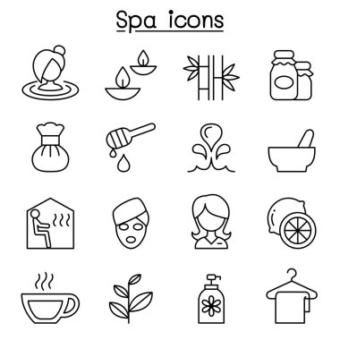 İnce çizgi stilinde Spa ve alternatif terapi Icon set
