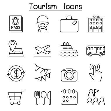 İnce çizgi stilinde turist Icon set