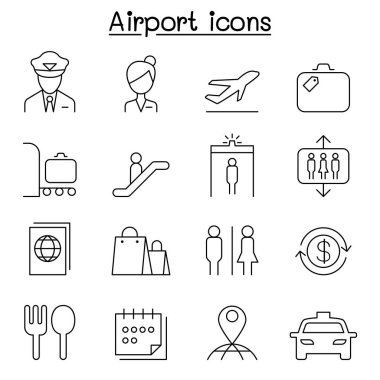İnce çizgi stilinde Havaalanı ve Havacılık Icon set