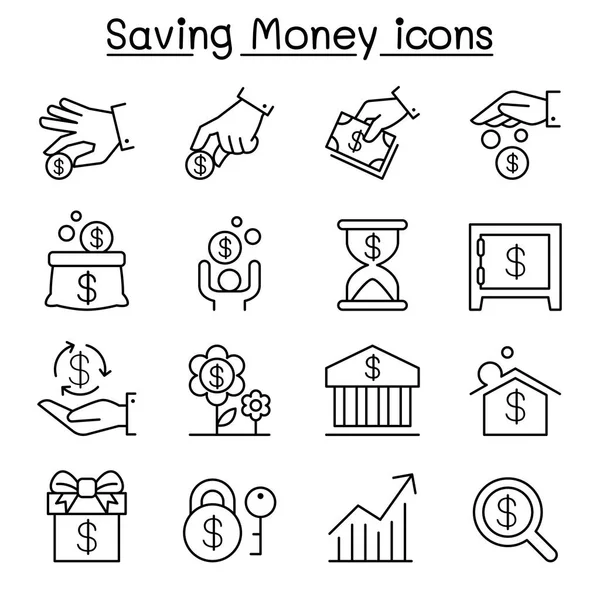 Geld besparen & investeringen pictogrammenset in dunne lijnstijl — Stockvector