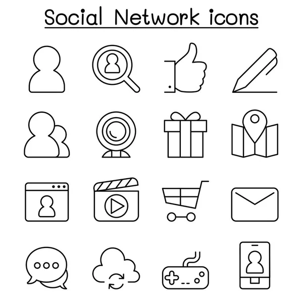 Піктограма соціальних мереж та соціальних мереж, встановлена у стилі тонкої лінії — стоковий вектор