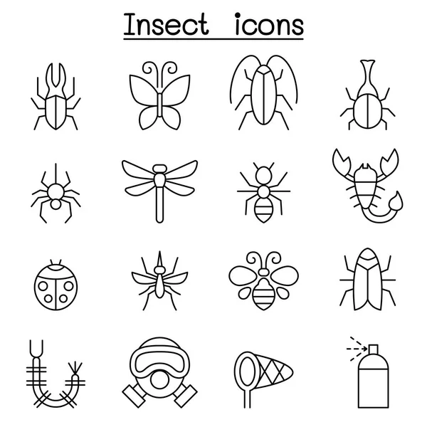 Ícone de inseto e bug definido em estilo de linha fina — Vetor de Stock