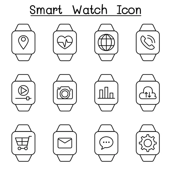 Ícone de relógio inteligente definido em estilo de linha fina — Vetor de Stock