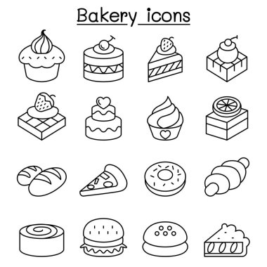 İnce çizgi stilinde ekmek ve pasta Icon set