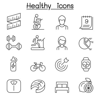 İnce çizgi stilinde sağlıklı ve egzersiz Icon set