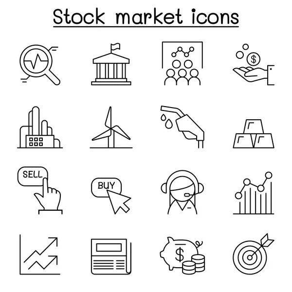 Stock market, beurs, aandelen geld pictogrammenset in dunne lijn — Stockvector