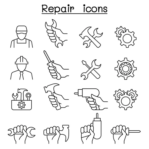 Reparación, mantenimiento, servicio, icono de soporte establecido en estilo de línea delgada — Vector de stock