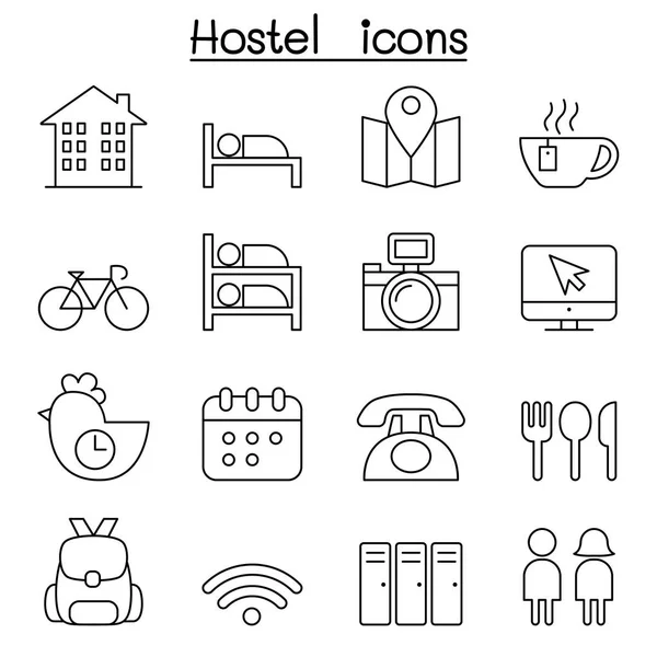 İnce çizgi stilinde Hostel Icon set — Stok Vektör