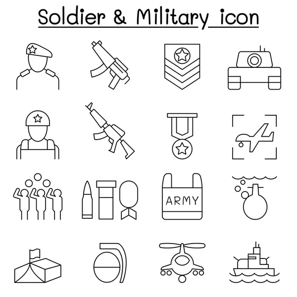 İnce çizgi stilinde asker Icon set — Stok Vektör