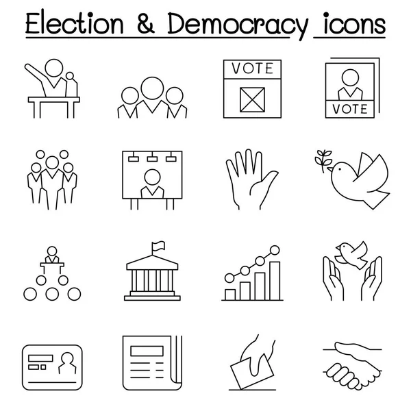 Verkiezing & democratie pictogrammenset in dunne lijnstijl — Stockvector