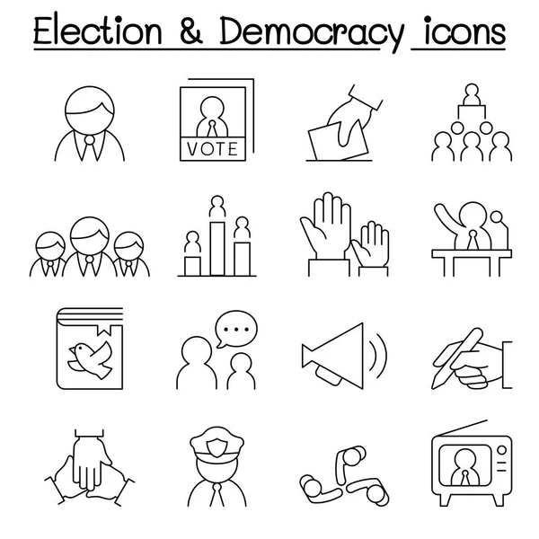 Eleição e Democracia ícone definido em estilo de linha fina —  Vetores de Stock